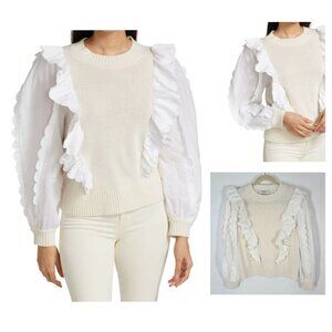Sea New York Cream & White Ruffle Combo Sweater Puff Sleeve Women's Size Small
